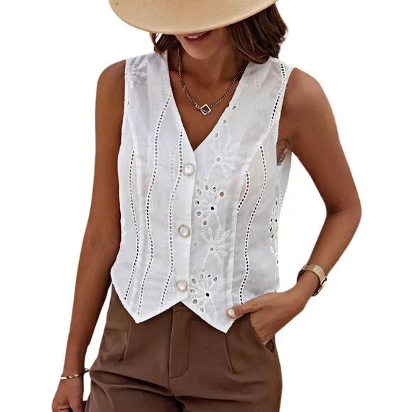 Sleeveless White Vest Buttons Lightweight Cutouts Eyelet Vest One Left In Large - Picture 2 of 4